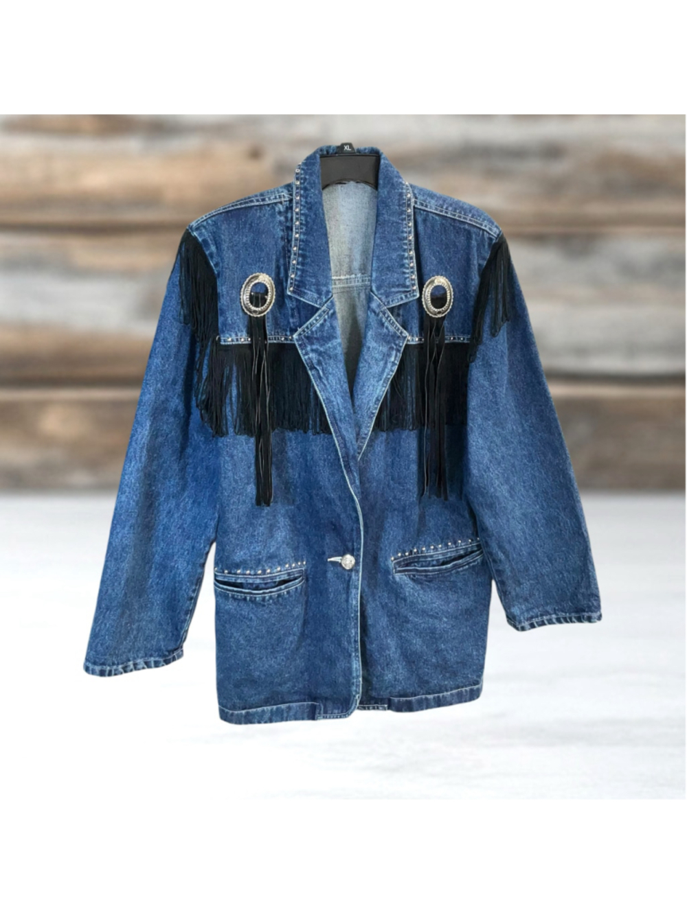 Next Move Vintage 80s Western Fringe Denim Jacket Concho Studded Women Large
